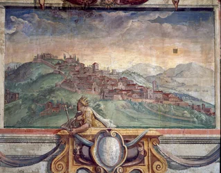 Camera da letto, dettaglio del fregio raffigurante città sotto il dominio dei Medici, possibilmente Cortona (dettaglio)